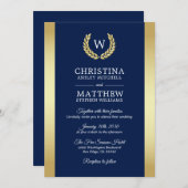 Elegant Navy Blue Gold Laurel Monogram Weddenschap Kaart (Voorkant / Achterkant)