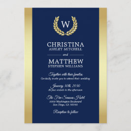 Elegant Navy Blue Gold Laurel Monogram Weddenschap Kaart