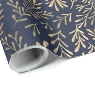 Elegant Navy Blue Gold Leaves Cadeaupapier