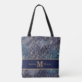 Elegant Navy Blue Gold Leaves Monogram Naam Tote Bag (Achterkant)