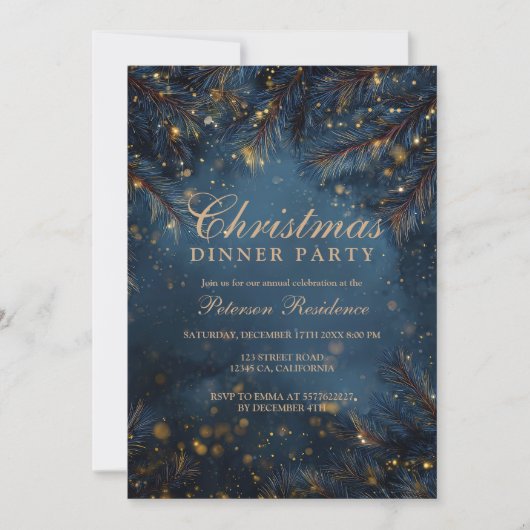 Elegant Navy Blue Gold Lights Pine Party Christmas Kaart (Voorkant)