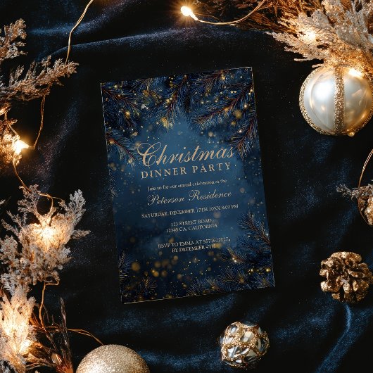 Elegant Navy Blue Gold Lights Pine Party Christmas Kaart