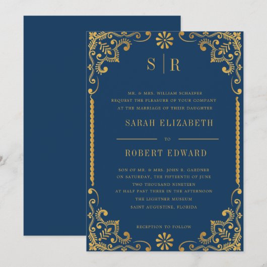 Elegant Navy Blue Gold Lijst repetitiediner Kaart (Voorkant / Achterkant)