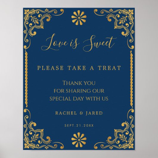 Elegant Navy Blue Gold Lijst Wedding Favors Sign Poster (Voorkant)