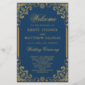 Elegant Navy Blue Gold Lijst Wedding Program Kaart (Voorkant)