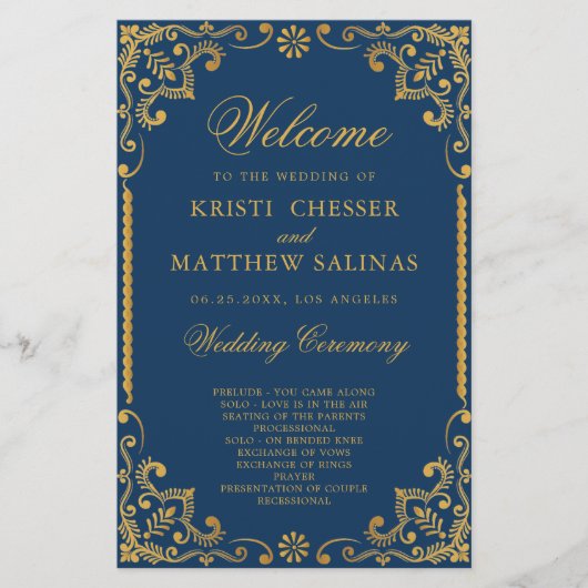 Elegant Navy Blue Gold Lijst Wedding Program Kaart (Voorkant)