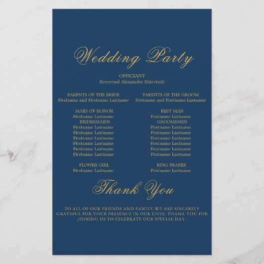 Elegant Navy Blue Gold Lijst Wedding Program Kaart (Achterkant)