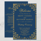 Elegant Navy Blue Gold Lijst Wedding Program Kaart (Voorkant / Achterkant)