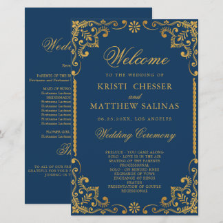 Elegant Navy Blue Gold Lijst Wedding Program Kaart