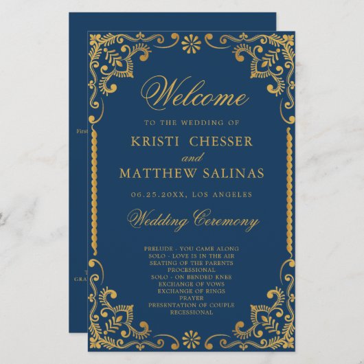 Elegant Navy Blue Gold Lijst Wedding Program Kaart (Voorkant / Achterkant)