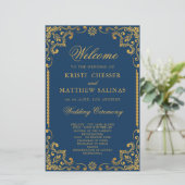 Elegant Navy Blue Gold Lijst Wedding Program Kaart (Staand voorkant)