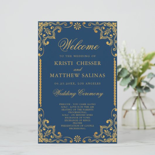 Elegant Navy Blue Gold Lijst Wedding Program Kaart (Staand voorkant)