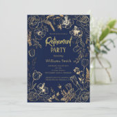 Elegant Navy Blue Gold Line Art Floral Retirement  Kaart (Staand voorkant)