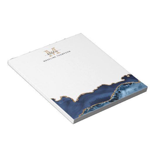 Elegant Navy Blue Gold Marble Agate Monogram Notitieblok (Schuin)