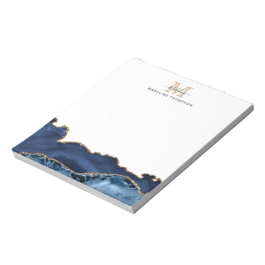 Elegant Navy Blue Gold Marble Agate Monogram Notitieblok (Linkerzijde)