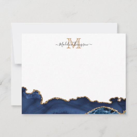 Elegant Navy Blue Gold Marble Agate Monogram Notitiekaartje (Voorkant)