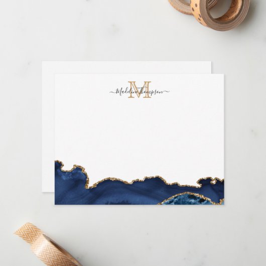 Elegant Navy Blue Gold Marble Agate Monogram Notitiekaartje (Voorkant / Achterkant in situ)