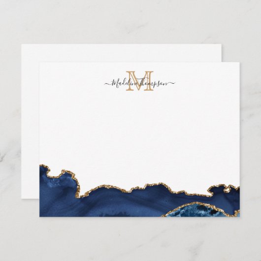 Elegant Navy Blue Gold Marble Agate Monogram Notitiekaartje (Voorkant / Achterkant)