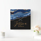 Elegant Navy Blue Gold Marble Agate Name Vierkante Klok (Huis)