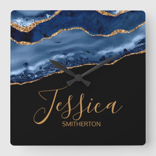 Elegant Navy Blue Gold Marble Agate Name Vierkante Klok (Voorkant)