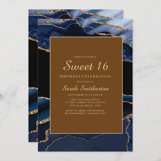 Elegant Navy Blue Gold Marble Agate Sweet 16 Kaart (Voorkant / Achterkant)