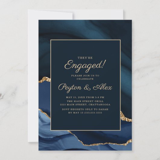 Elegant Navy Blue Gold Marble Engagement Party Kaart (Voorkant)