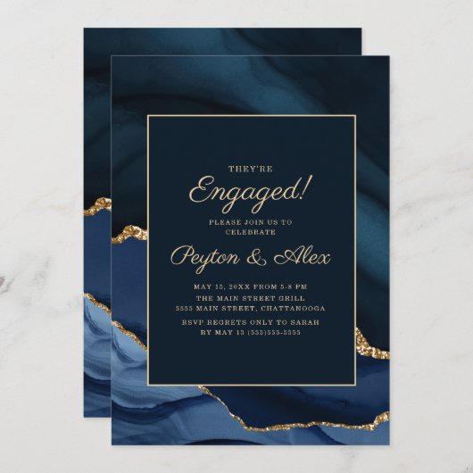 Elegant Navy Blue Gold Marble Engagement Party Kaart (Voorkant / Achterkant)