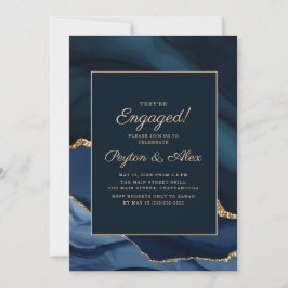 Elegant Navy Blue Gold Marble Engagement Party Kaart