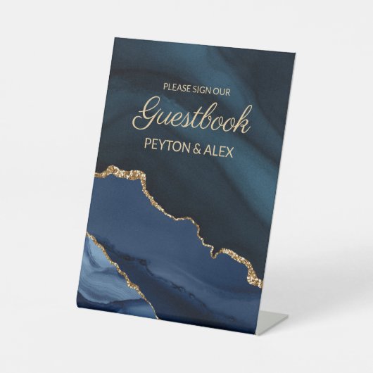 Elegant Navy Blue Gold Marble Wedding Guestbook Reclamebord Met Voetstuk (Voorkant)