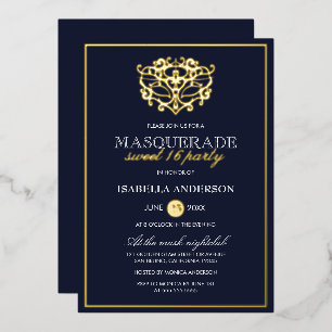 Elegant Navy Blue & Gold Masquerade Sweet 16 Party Folie Uitnodiging