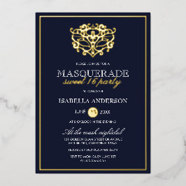 Elegant Navy Blue & Gold Masquerade Sweet 16 Party Folie Uitnodiging