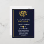 Elegant Navy Blue & Gold Masquerade Sweet 16 Party Folie Uitnodiging Briefkaart<br><div class="desc">Elegant Navy Blue & Gold Masquerade Sweet 16 Party Folie Briefkaart Invitations. voorzien van een gouden folie masker bovenaan tegen een blauw marinescherm. Ideaal voor een modern,  maar stijlvol 16-jarig feest!</div>