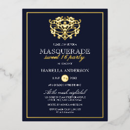 Elegant Navy Blue & Gold Masquerade Sweet 16 Party Folie Uitnodiging Briefkaart