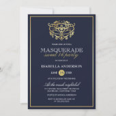 Elegant Navy Blue & Gold Masquerade Sweet 16 Party Kaart (Voorkant)