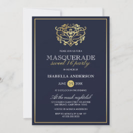 Elegant Navy Blue & Gold Masquerade Sweet 16 Party Kaart