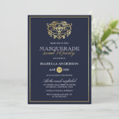 Elegant Navy Blue & Gold Masquerade Sweet 16 Party Kaart (Staand voorkant)