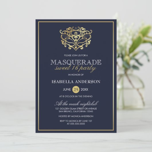 Elegant Navy Blue & Gold Masquerade Sweet 16 Party Kaart (Staand voorkant)