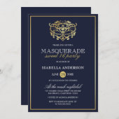 Elegant Navy Blue & Gold Masquerade Sweet 16 Party Kaart (Voorkant / Achterkant)