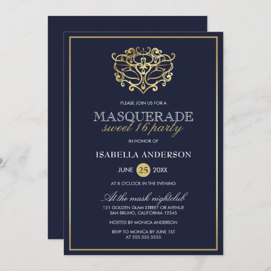 Elegant Navy Blue & Gold Masquerade Sweet 16 Party Kaart (Voorkant / Achterkant)