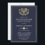 Elegant Navy Blue & Gold Masquerade Sweet 16 Party Kaart<br><div class="desc">Elegant Navy Blue & Gold Masquerade Sweet 16 Party uitnodigingen. Met een faux gouden folie masker bovenaan. Ideaal voor een modern,  maar stijlvol 16-jarig feest!</div>