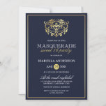 Elegant Navy Blue & Gold Masquerade Sweet 16 Party Magnetische Uitnodiging<br><div class="desc">Elegant Navy Blue & Gold Masquerade Sweet 16 Party Magnetic Invitations. Met een faux gouden folie masker bovenaan tegen een blauw marinescherm. Ideaal voor een modern,  maar stijlvol 16-jarig feest!</div>