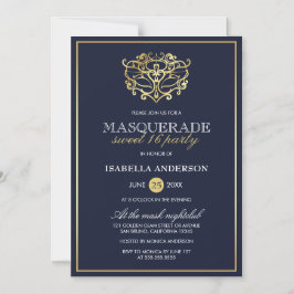 Elegant Navy Blue & Gold Masquerade Sweet 16 Party Magnetische Uitnodiging