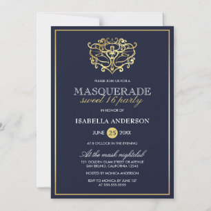 Elegant Navy Blue & Gold Masquerade Sweet 16 Party Magnetische Uitnodiging