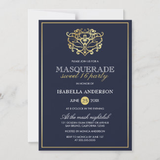 Elegant Navy Blue & Gold Masquerade Sweet 16 Party Magnetische Uitnodiging