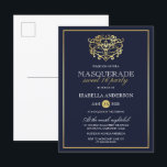 Elegant Navy Blue & Gold Masquerade Sweet 16 Party Uitnodiging Briefkaart<br><div class="desc">Elegant Navy Blue & Gold Masquerade Sweet 16 Party Briefkaart Invitations. Met een faux gouden folie masker bovenaan tegen een blauw marinescherm. Ideaal voor een modern,  maar stijlvol 16-jarig feest!</div>