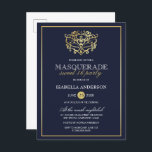 Elegant Navy Blue & Gold Masquerade Sweet 16 Party Uitnodiging Briefkaart<br><div class="desc">Elegant Navy Blue & Gold Masquerade Sweet 16 Party Briefkaart Invitations. Met een faux gouden folie masker bovenaan tegen een blauw marinescherm. Ideaal voor een modern,  maar stijlvol 16-jarig feest!</div>
