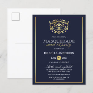Elegant Navy Blue & Gold Masquerade Sweet 16 Party Uitnodiging Briefkaart