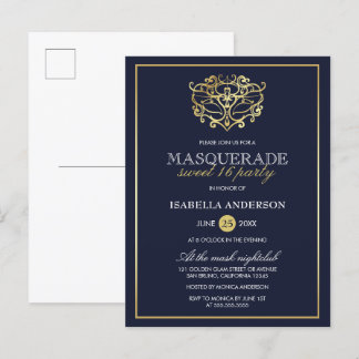 Elegant Navy Blue & Gold Masquerade Sweet 16 Party Uitnodiging Briefkaart