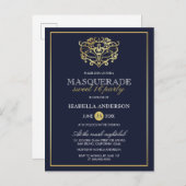 Elegant Navy Blue & Gold Masquerade Sweet 16 Party Uitnodiging Briefkaart (Voorkant / Achterkant)