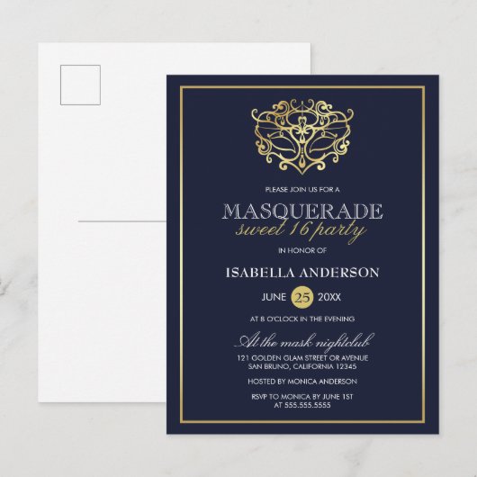 Elegant Navy Blue & Gold Masquerade Sweet 16 Party Uitnodiging Briefkaart (Voorkant / Achterkant)